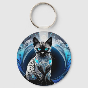 シャム猫、黒青、白抽象芸術 キーホルダー