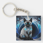 シャム猫、黒青、白抽象芸術 キーホルダー (正面)
