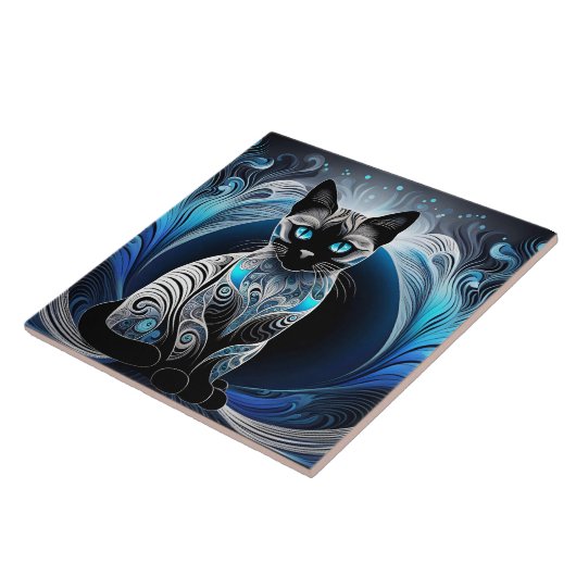 シャム猫、黒青、白抽象芸術 タイル (側面)