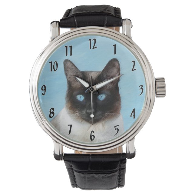 シャム絵画猫の可愛いオリジナル猫アート 腕時計 (正面)