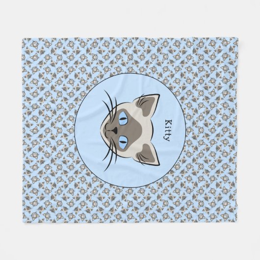 シャム青い目の猫顔ダークオンライトグラフィック フリースブランケット (正面(横))