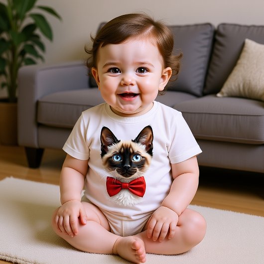 シャム+ネコの子猫 赤いリボン ベビーTシャツ