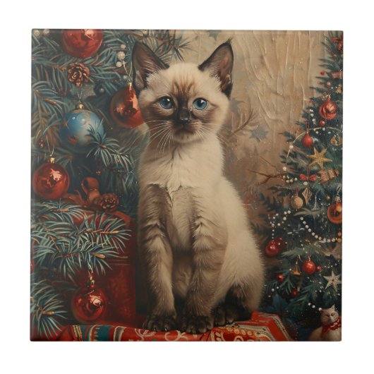 シャメスキットンクリスマスヴィンテージ猫 タイル (正面)
