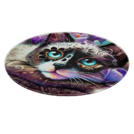 シャメスキティキャットクロッカスフローラパープルティール（緑がかった色）ホワイト カッティングボード