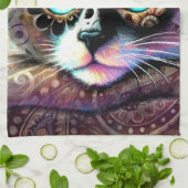 シャメスキティキャットクロッカスフローラパープルティール（緑がかった色）ホワイト キッチンタオル (折り畳み)