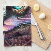 シャメスキティキャットクロッカスフローラパープルティール（緑がかった色）ホワイト キッチンタオル (四つ折り)