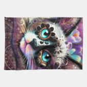 シャメスキティキャットクロッカスフローラパープルティール（緑がかった色）ホワイト キッチンタオル (横)