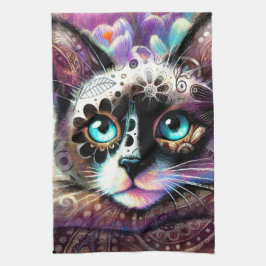 シャメスキティキャットクロッカスフローラパープルティール（緑がかった色）ホワイト キッチンタオル