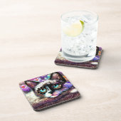 シャメスキティキャットクロッカスフローラパープルティール(緑がかった色)ホワイト コースター (右側)