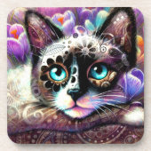 シャメスキティキャットクロッカスフローラパープルティール(緑がかった色)ホワイト コースター (正面)