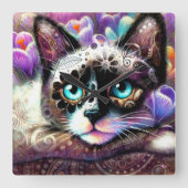 シャメスキティキャットクロッカスフローラパープルティール（緑がかった色）ホワイト スクエア壁時計 (正面)