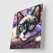 シャメスキティキャットクロッカスフローラパープルティール（緑がかった色）ホワイト スクエア壁時計 (傾斜)