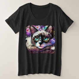 シャメスキティキャットクロッカスフローラパープルティール(緑がかった色)ホワイト プラスサイズTシャツ