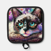 シャメスキティキャットクロッカスフローラパープルティール(緑がかった色)ホワイト 鍋敷き (正面)