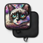 シャメスキティキャットクロッカスフローラパープルティール(緑がかった色)ホワイト 鍋敷き (正面/裏面)