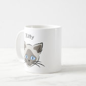 シャメスブルーアイドキャット顔グラフィック名前をカスタムする コーヒーマグカップ (正面左)