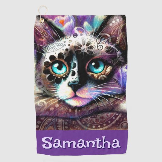 シャメスホワイトキティキャットクロカスパーソナライズされたフローラ ゴルフタオル (正面)