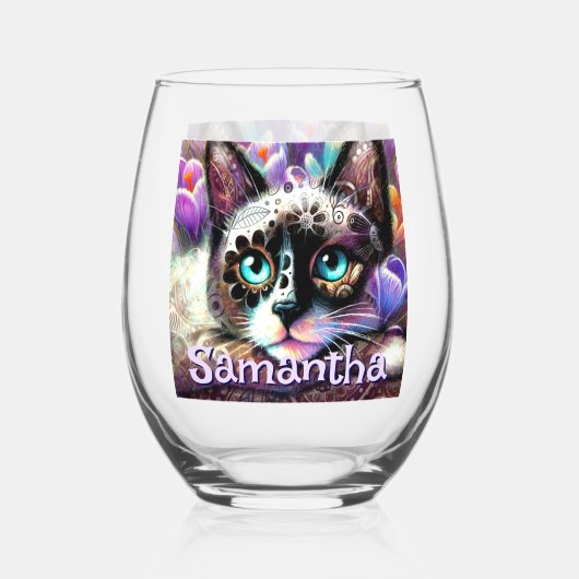 シャメスホワイトキティキャットクロカスパーソナライズされたフローラ ステムなしワイングラス (正面)
