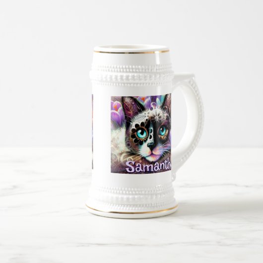 シャメスホワイトキティキャットクロカスパーソナライズされたフローラ ビールジョッキ (正面右)