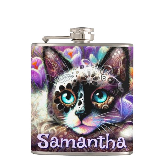 シャメスホワイトキティキャットクロカスパーソナライズされたフローラ フラスク (正面)