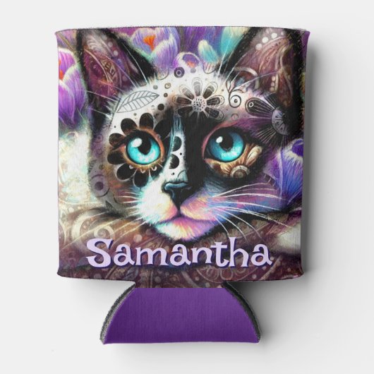 シャメスホワイトキティキャットクロカスパーソナライズされたフローラ 缶クーラー (正面)