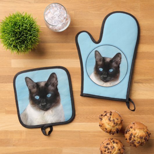 シャメネコポートレート絵を描ズキュートオリジナルアート 鍋つかみ&鍋敷きセット (トップダウン)