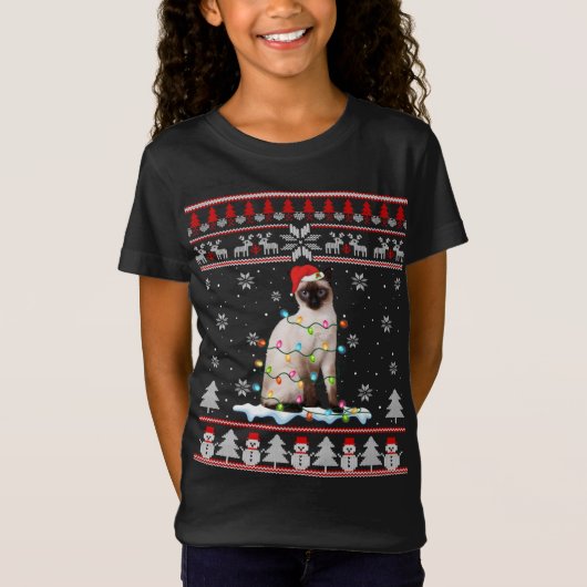 シャメネコ醜いクリスマスライトおもしろい猫好き Tシャツ (正面)