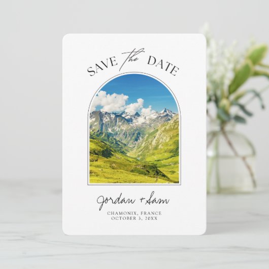 シャモニーフランスのアルプス結婚式の日付を保存 招待状 (スタンド正面)