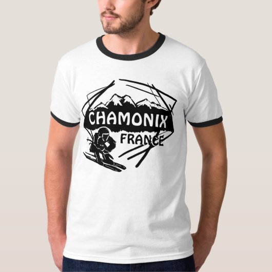 シャモニーフランスの黒いスキーロゴの芸術の人のティー Tシャツ (正面)
