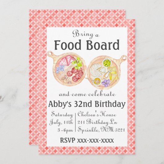 シャルキュテリーフードボード誕生日招待状ピンク 招待状 (正面/裏面)