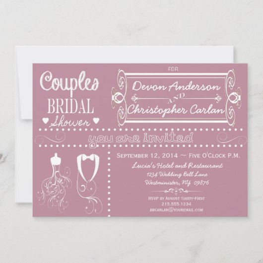 シャルクボードカップルズパープルブライダルシャワー招待状 招待状 (正面)