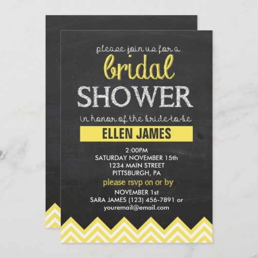 シャルクボードシェブロンブライダルシャワーイエロー 招待状 (正面/裏面)