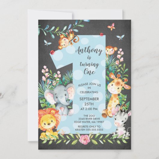 シャルクボードジャングルビッグワンボーイズ誕生日招待状 招待状 (正面)