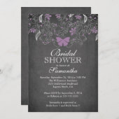 シャルクボードパープルバタフライフローラブライダルシャワー 招待状 (正面/裏面)