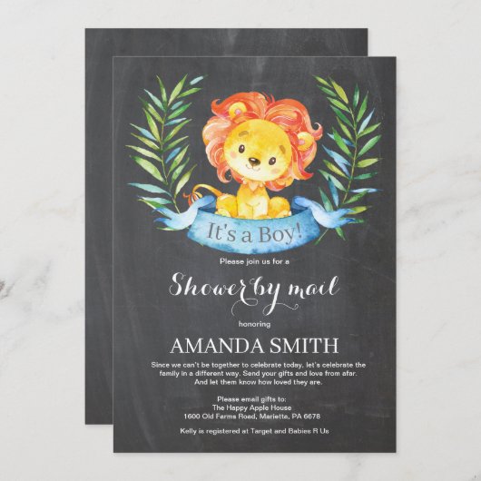 シャルクボードボーイライオンベビーシャワーバイメール招待状 招待状 (正面/裏面)