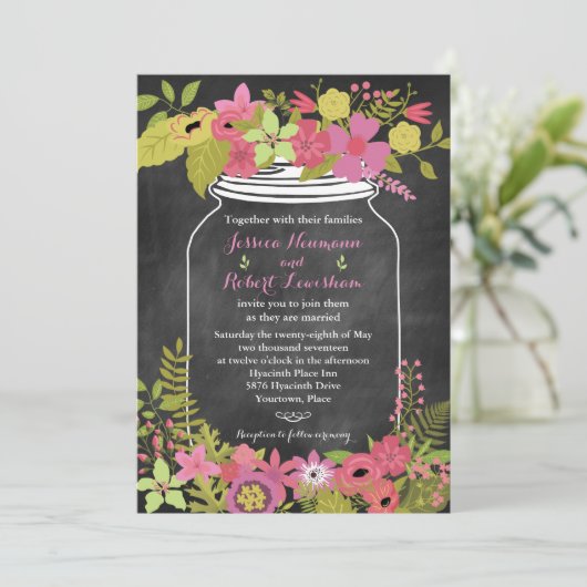 シャルクボードメイソンジャーコーラルピンク結婚フローラズ 招待状 (スタンド正面)