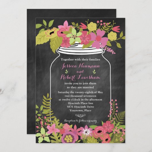 シャルクボードメイソンジャーコーラルピンク結婚フローラズ 招待状 (正面/裏面)