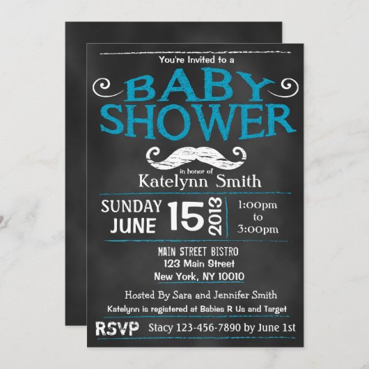 シャルクボード口ひげベビーシャワー招待状 招待状 (正面/裏面)