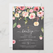 シャルクボード·ピンク·ポニーズ·フローラスペインの洗礼 招待状 (正面)