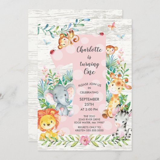 シャルボードジャングルビッグワンガールズ誕生日招待状 招待状 (正面/裏面)