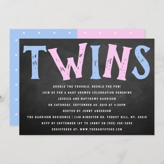 シャルボードタイポグラフィボーイ&ガールツインズベビーシャワー 招待状 (正面/裏面)