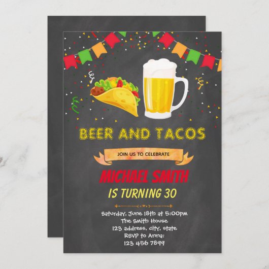 シャルボードタコスビール誕生日の招待状 招待状 (正面/裏面)