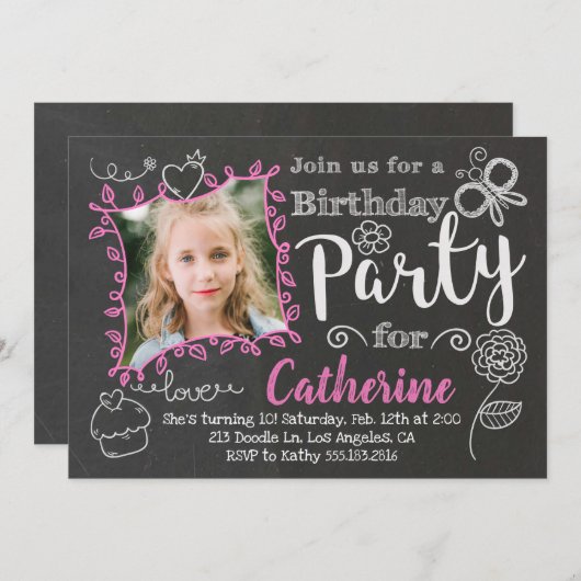 シャルボードドードルズガールズバースデーパーティー招待状 招待状 (正面/裏面)