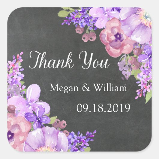 シャルボードパープルラベンダー結婚フローララベル スクエアシール (正面)