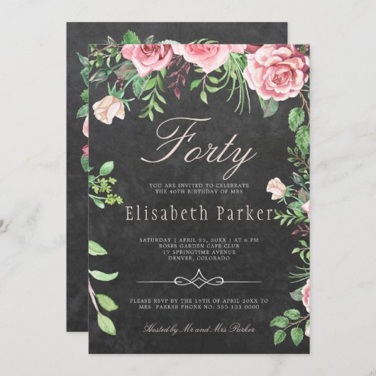 シャルボードピンクフローラガーデン40th誕生日パーティー 招待状 (正面/裏面)