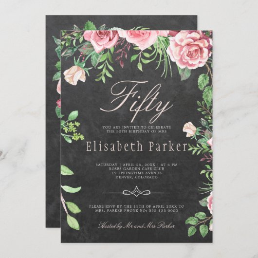 シャルボードピンクフローラガーデン50th誕生日パーティー 招待状 (正面/裏面)
