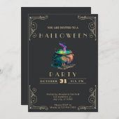 シャルボードブラック&金ゴールドウィッチカルドロンハロウィーン 招待状 (正面/裏面)