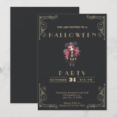 シャルボードブラック&金ゴールドゴシックGirl Halloween 招待状 (正面/裏面)