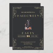 シャルボードブラック&金ゴールドスケルトングレーブハロウィーン 招待状 (正面/裏面)