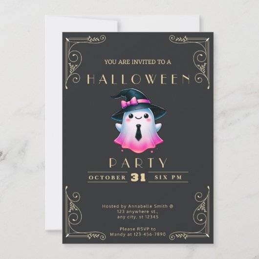 シャルボードブラック&金ゴールドピンクホワイト幽霊ハロウィーン 招待状 (正面)